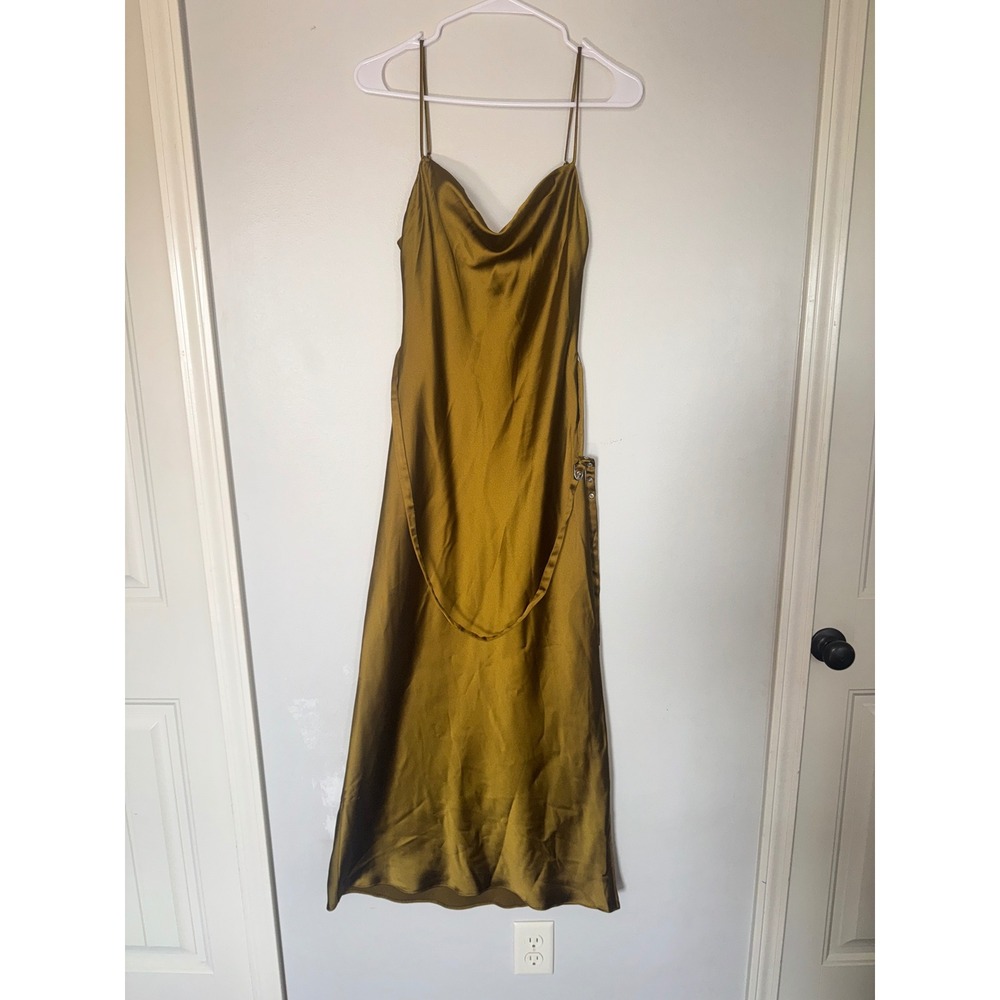 Zara Satin Cowl Neck Midi Dress Gold Mustard Olive Buckle Detail XS